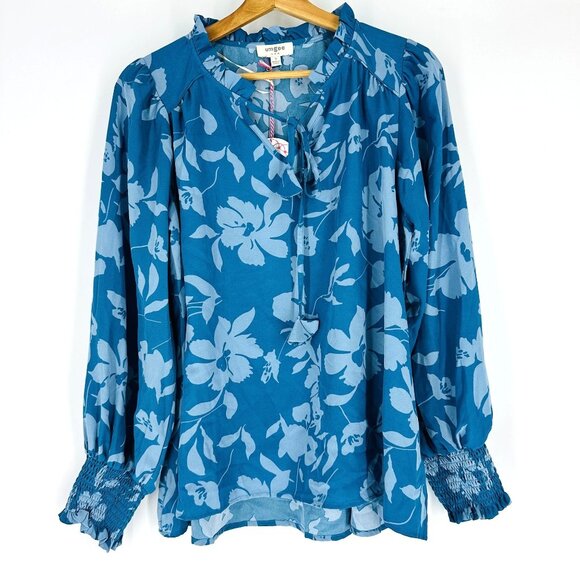 Umgee Blue Teal Floral Notch Neck Balloon Sleeve Tassel Blouse Top New Size S - Picture 4 of 12